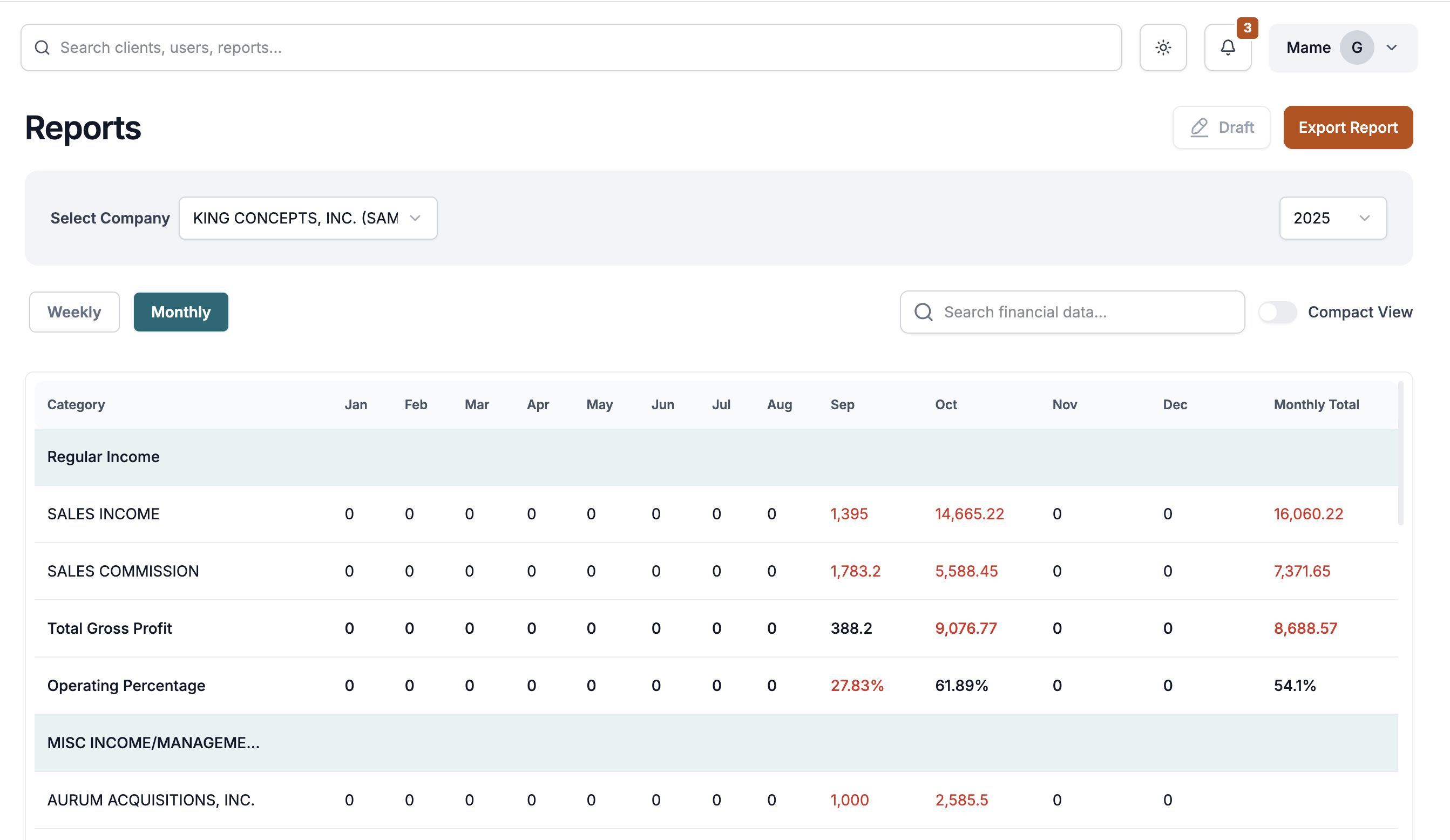 HubTruth Financial Reports Dashboard - Weekly and Monthly Financial Reports with Company Selection